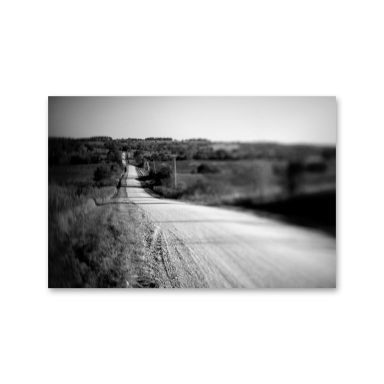 # Sur la route Route sinueuse à travers un paysage rural, en noir et blanc.